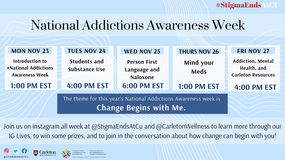 StigmaEndsAtCU's tweet photo. This week is #NAAW, a national campaign run by @CCSACanada . We, with Carleton Wellness & Harm Reduction are bringing a full week of content, focusing on different topics each day geared towards @Carleton_U students and faculty, so join us on IG this week! #ChangeBeginsWithMe https://t.co/mSbihARlYd