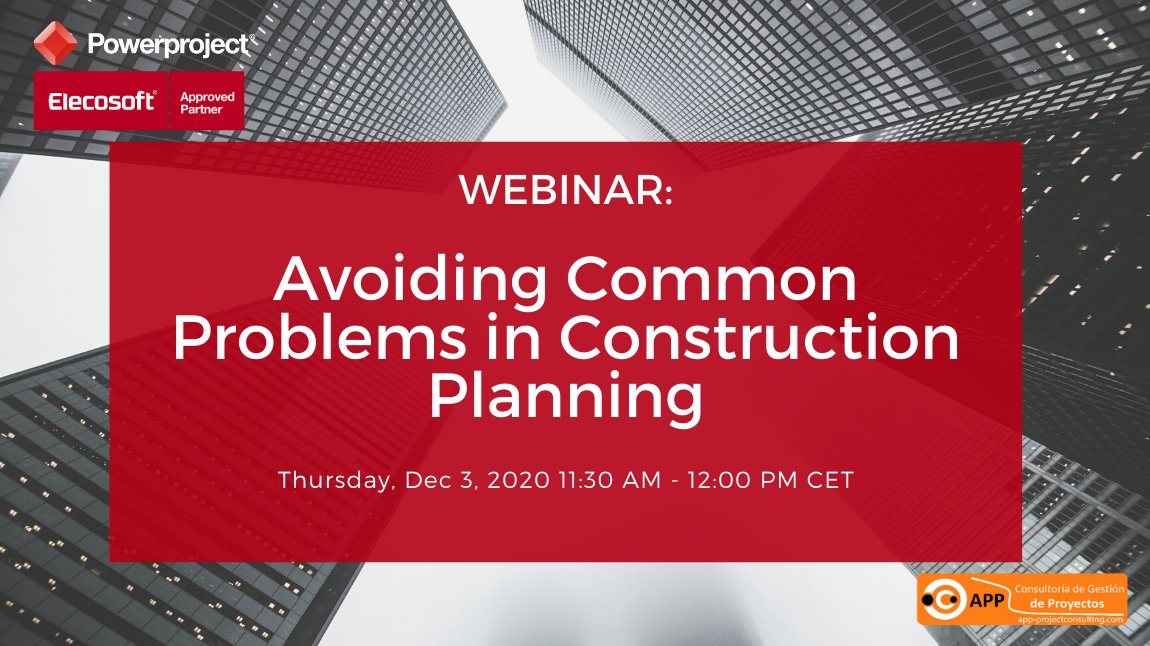 APP Consultoría - Powering Project Success (@app_consultoria) on Twitter photo Open call for new webinar organised by #Elecosoft , Thursday Dec 3,2020 at 11:30 am - 12:00 pm CET.
Avoiding common problems in construction planning! Register here: lnkd.in/eNTrk2a
To find out more about #Powerproject contact us in info@app-consultoria.com Open call for new webinar organised by #Elecosoft , Thursday Dec 3,2020 at 11:30 am - 12:00 pm CET.
Avoiding common problems in construction planning! Register here: lnkd.in/eNTrk2a
To find out more about #Powerproject contact us in info@app-consultoria.com