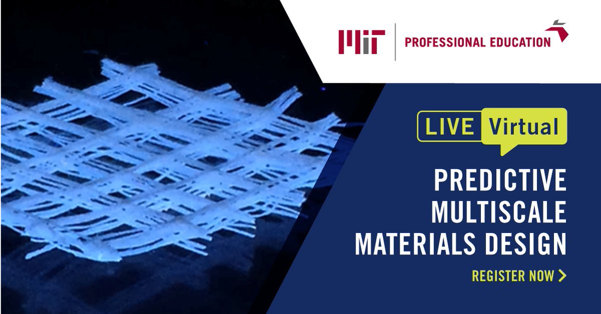 MITProfessional's tweet image. Course open for registration: “Predictive Multiscale Materials Design” - June 21 - 25, 2021. Participants will learn how to construct atomically-precise products through the use of #MolecularDesign, #PredictiveModeling, and #Manufacturing. @ProfBuehlerMIT

bddy.me/2UPa4yR