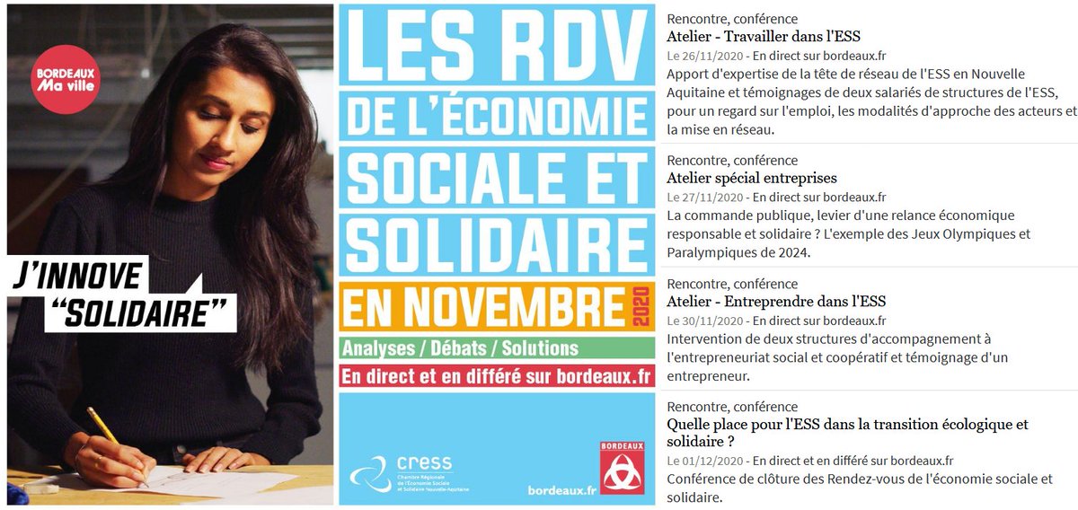 CRESS_NvlleAqui's tweet photo. [#ESS #InventerDemain] @Bordeaux et @CRESS_NvlleAqui vous invitent à suivre un cycle d'ateliers et de conférences

➡️https://t.co/a2Gg85zieK

✅27/11 "Travailler autrement" avec la scop @Equipeotempora, l'éssociation Entr'Autre et Mélanie Thuillier, co-directrice CRESS
@BxMetro https://t.co/OQmNfjhh1s