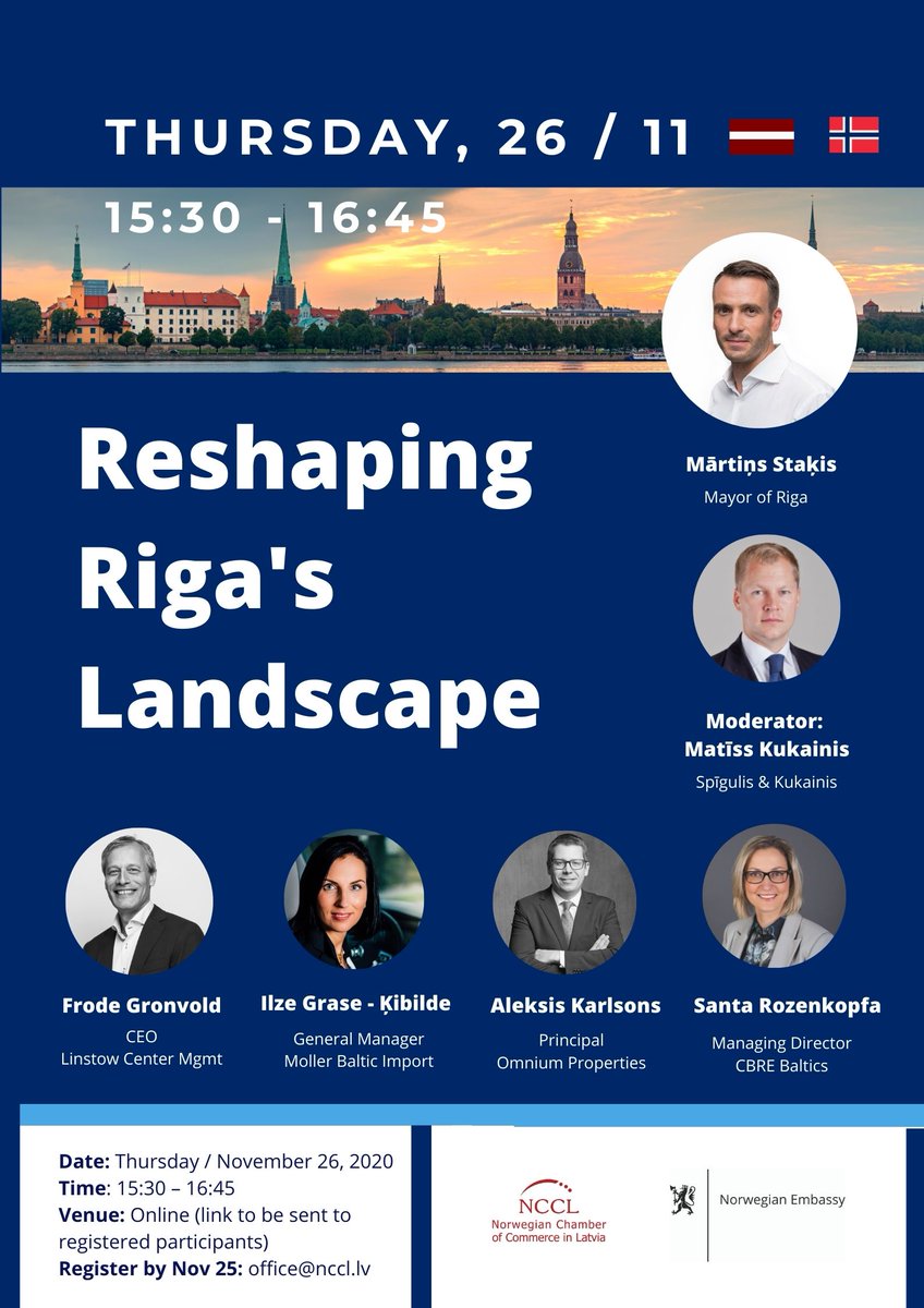 Join us this Thursday, November 26, between 15:30 and 16:45 for an online discussion with the Mayor of Riga Mr. Mārtiņš Staķis and four prominent investors representing Real Estate Development, Commercial Property Management and E-mobility sectors.