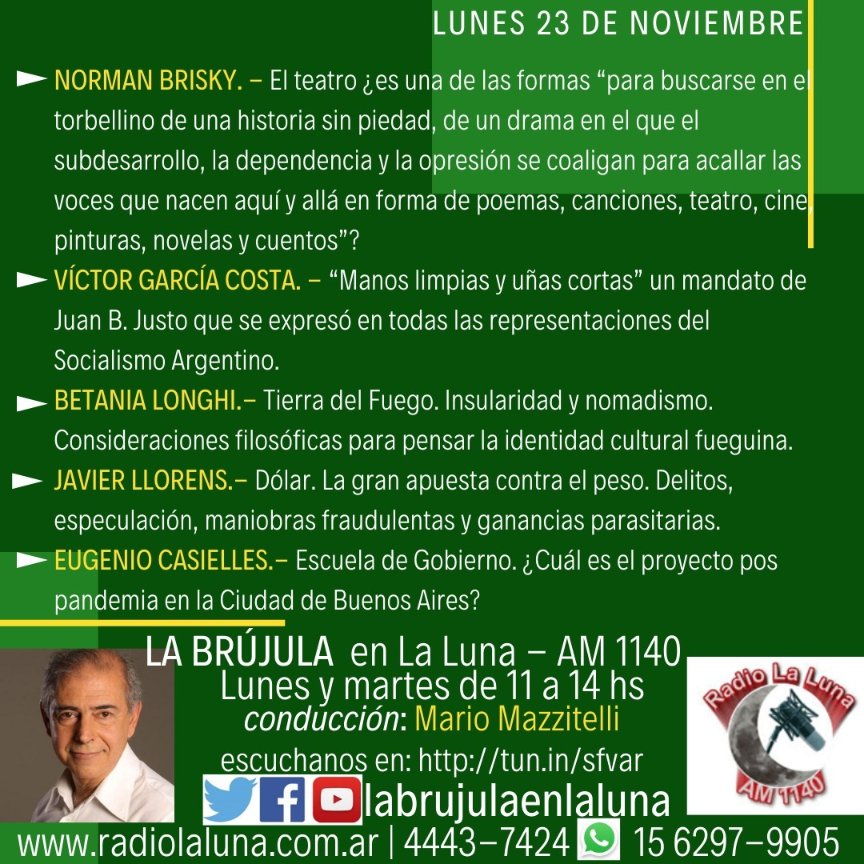 LaBrjula2's tweet photo. En minutos más, a partir de las 11:00 hs. 
Podés escucharnos  por: AM-1140 Radio La Luna, FM-92.1 Radio Fénix de Corrientes y FM-88.9 Radio La Paquita de Huspallata, Mendoza.
En https://t.co/G3jeirkZhD
Por TuneIn (https://t.co/9eLZ6MPye4)
En vivo https://t.co/fqR0lXKek2 https://t.co/g2rISxUNox
