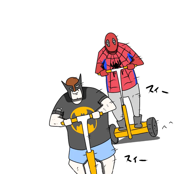 セグウェイで競争しているデッドプールとウルヴァリン 