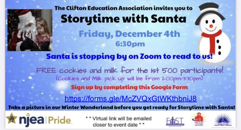 CliftonSchool12's tweet photo. Storytime with Santa! The Clifton Education Association is sponsoring this event. Use the Google form to sign up: https://t.co/QHTJDdnW7H
First 500 participants will get free cookies and milk! @cliftonschools @cliftonsupt @cliftoneducation #oneClifton #cliftonconnects #pandapride https://t.co/7SRM7l0z7Z