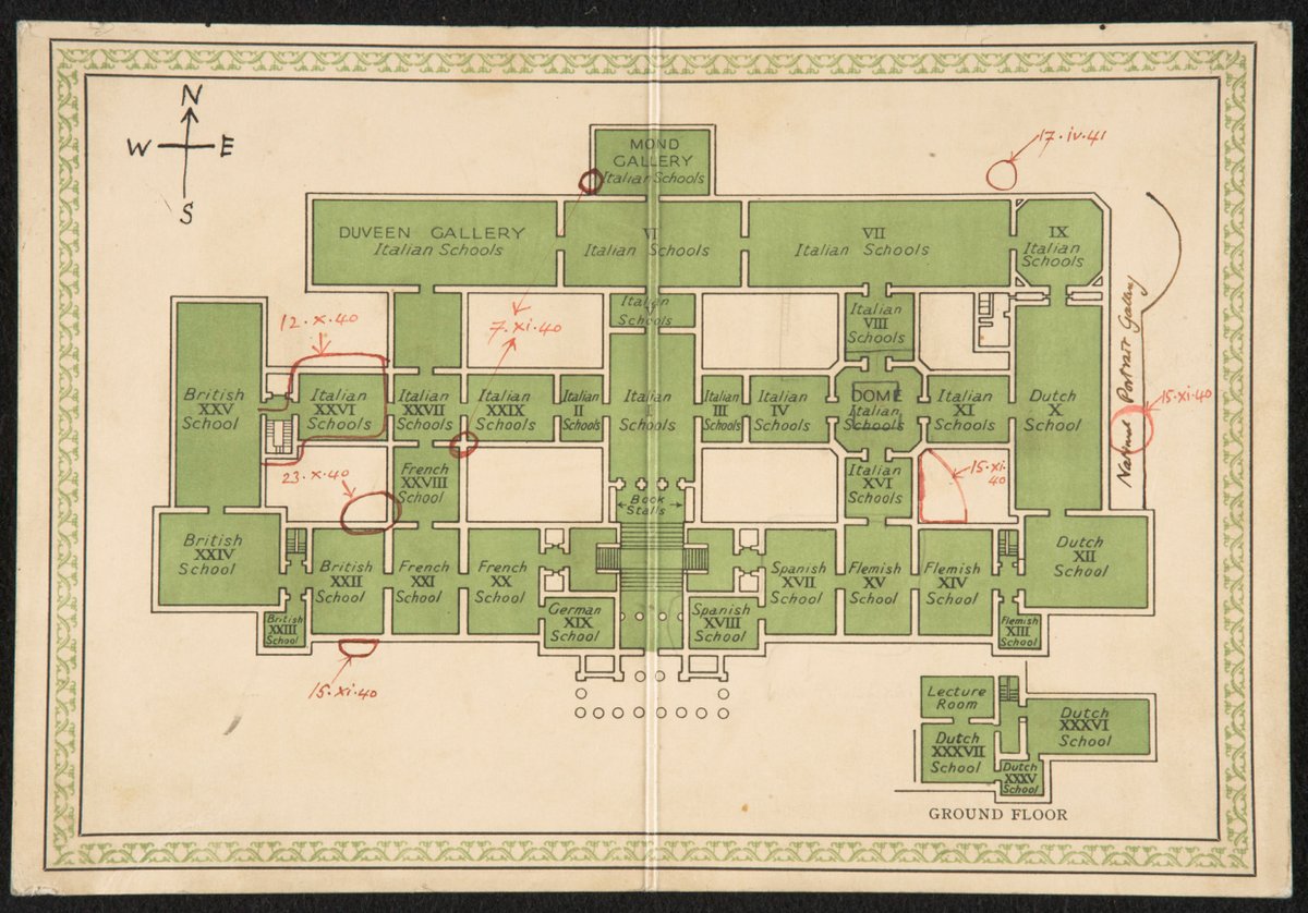 Today's theme for #ExploreYourArchives week is 'plans'.

This plan of the Gallery has been inscribed with hand-written notes in red indicating areas that were hit by bombs during the Second World War including the dates of the attacks.
@explorearchives