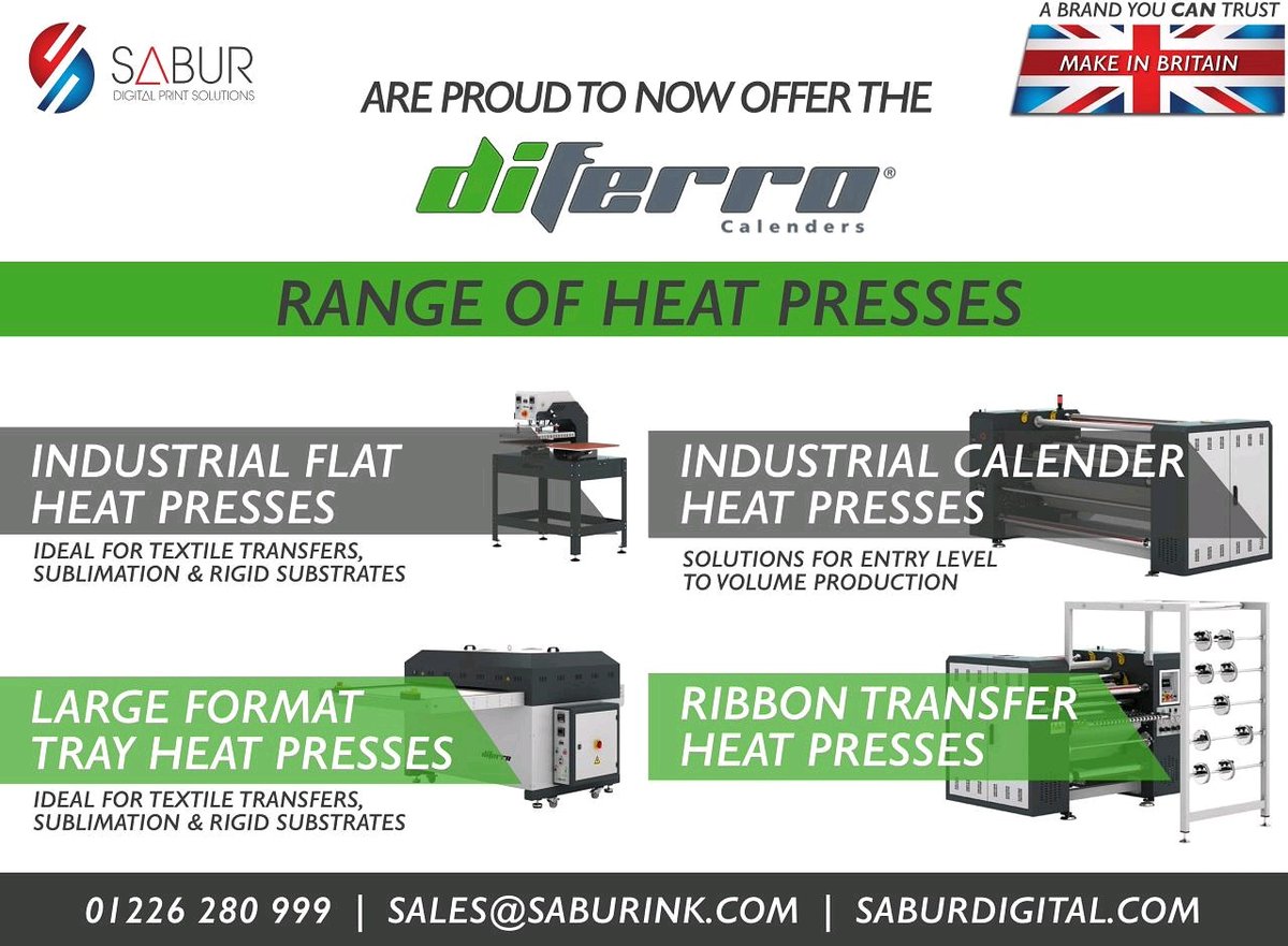 Saburdigital's tweet photo. We are now pleased to offer our customers even more options for heat presses with the addition of the @diferrocalenders range of presses. 

https://t.co/Qk7xkcCecs

#textileprinting #heatpress #calendarpress #saburdigital #sublimationprinting #diferro #makeinbritain https://t.co/Opf27tOhXe