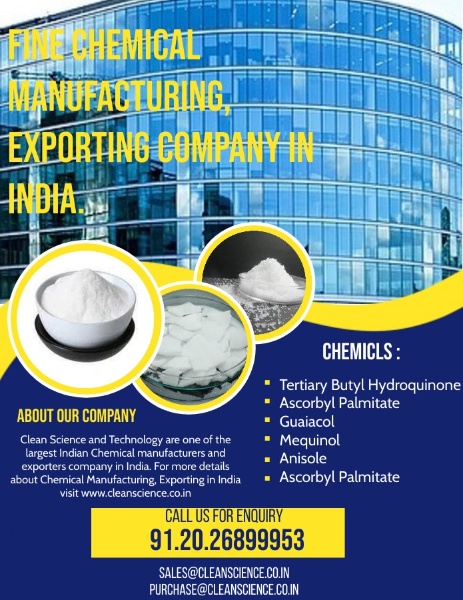 Clean Science and Technology are one of the trusted manufacturers and exporters Fine and Specialty Chemicals in India Since 2006. 

Visit cleanscience.co.in for more details for Chemical Manufacturing, Exporting in India

Call Us on: +91.20.26899953 | +91.20.2689812