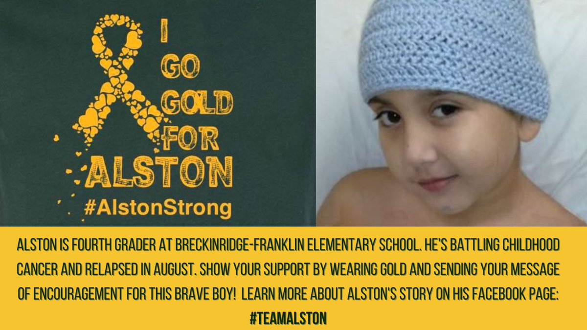 JCPSKY's tweet photo. 🌟 SHOW YOUR SUPPORT | Alston is a fourth grader at @BreckFrankES, and you can show this brave boy some extra encouragement this week by wearing gold in his honor. Use the #⃣ #AlstonStrong, #TeamAlston, and #GoGoldForAlston. Thank you for spreading the love! 💛

#WeAreJCPS https://t.co/KLuKvfZBda