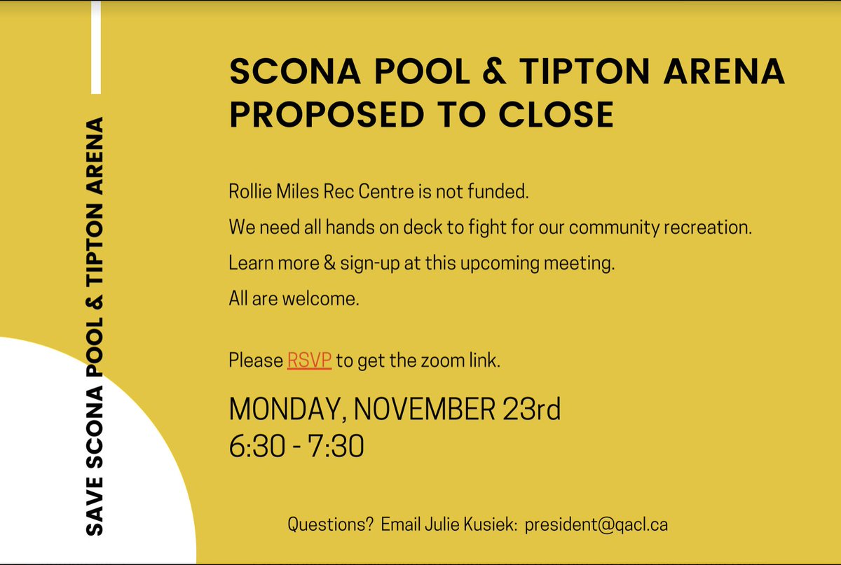 RT if you've RSVP'd! 

- Learn about the advocacy journey
- Potential Scona &amp; Tipton closures
- How Scona Pool WILL CLOSE one day
- Potential Rollie Miles Rec Centre to replace Scona Pool

RSVP:us02web.zoom.us/webinar/regist…

#SconaPool #TiptonArena #RollieMilesRec #LiveActiveYEG #yegcc