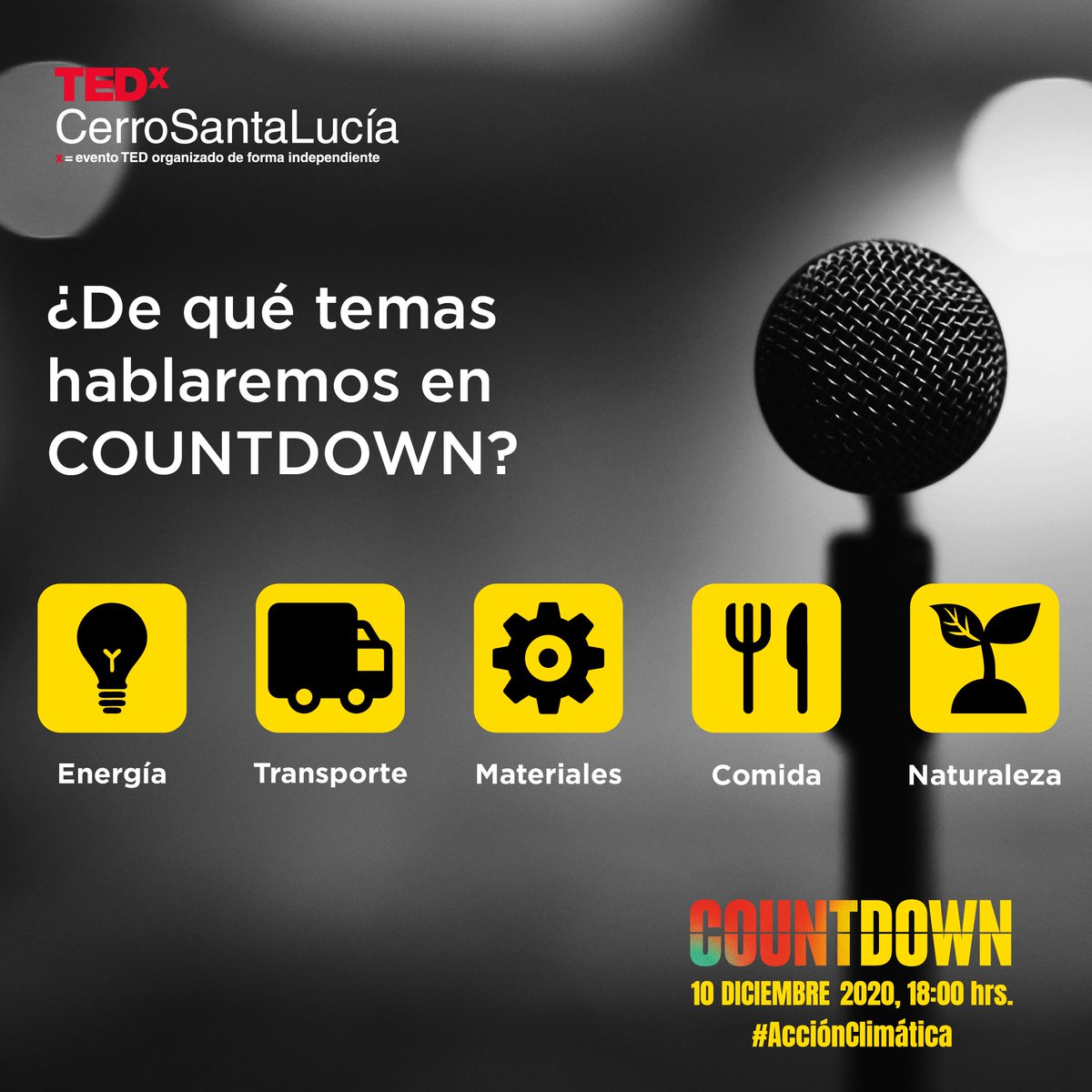 TEDxCSL's tweet photo. ¡Se viene el #COUNTDOWN2020CL! #AcciónClimática

Los temas principales del evento son: #energía, #transporte, #materiales, #comida y #naturaleza.

Inscríbete al evento y descubre diversas formas de combatir el #cambioclimático: https://t.co/foedqyxH3l https://t.co/xtMk5cmrFn