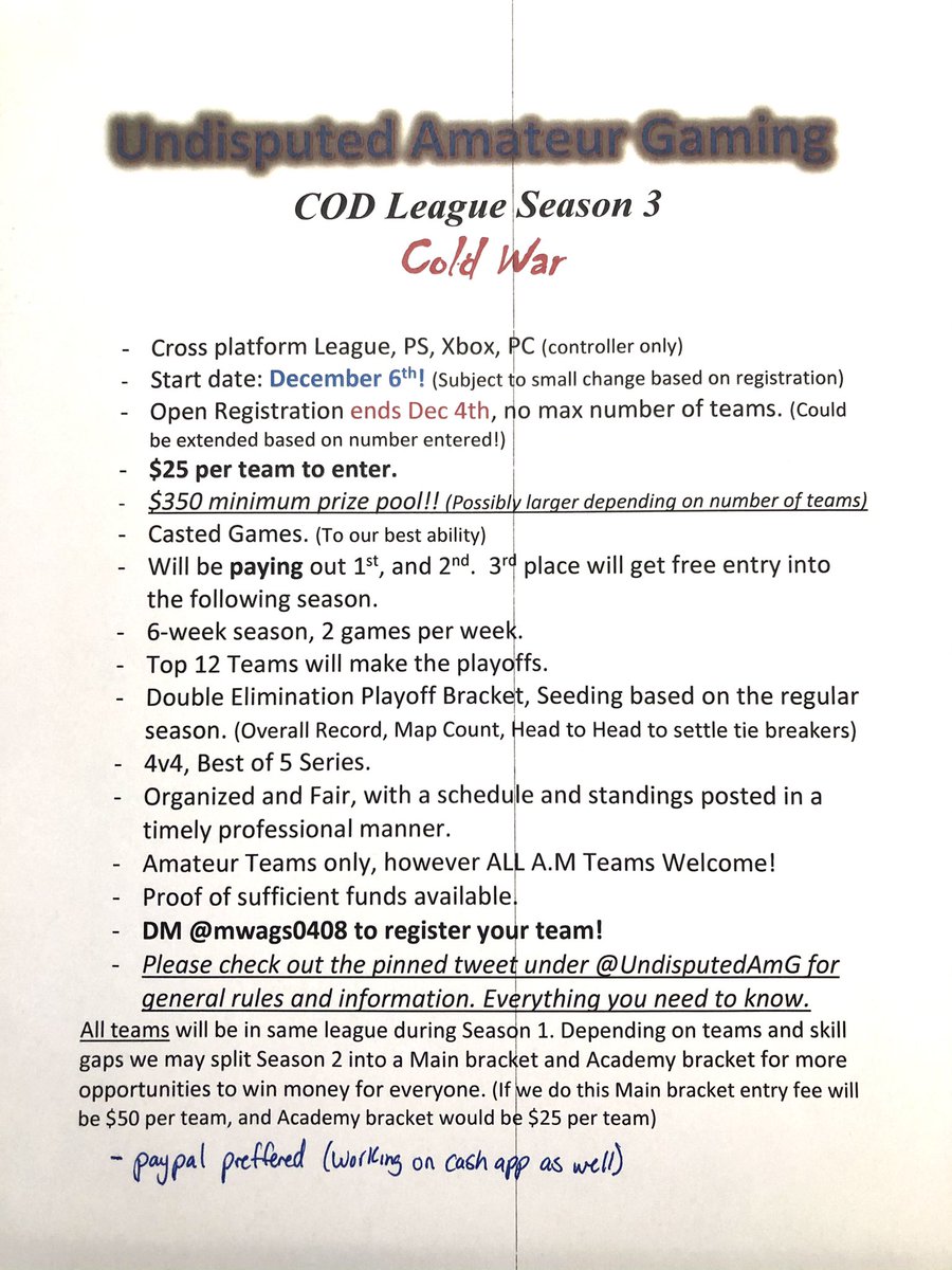 UndisputedAmG's tweet photo. We are BACK! Here at UAG we are happy to announce the start of our COLD WAR Season!
- PRO GA’s in effect, will edit accordingly.
- CASTING help needed. Dm Us!
- Please like &amp; Retweet 👍
- REGISTRATION is OPEN NOW!
- 3 teams signed up already and paid!
- All Amature teams welcome. https://t.co/xpNoJTpFrl