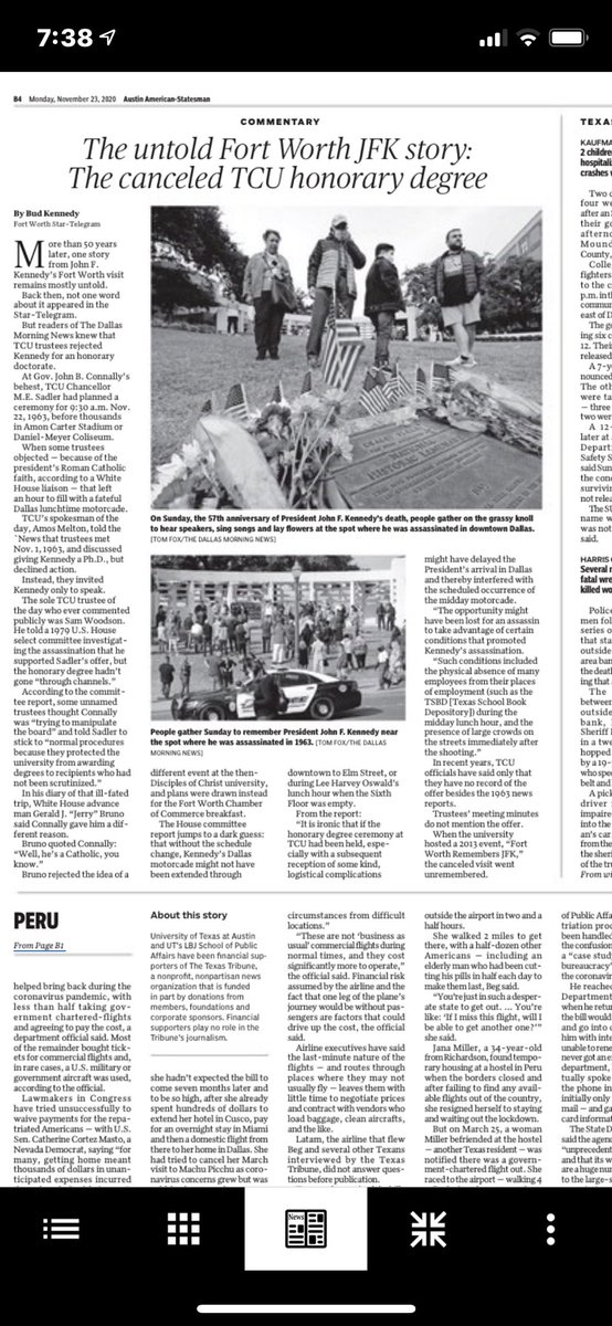BudKennedy's tweet photo. Great to be in the Austin paper today, 46 years after my first @statesman byline. Thanks for picking up the column about @tcu’s canceled honorary degree for JFK. @BeschlossDC @LarrySabato https://t.co/frqD9VLycQ