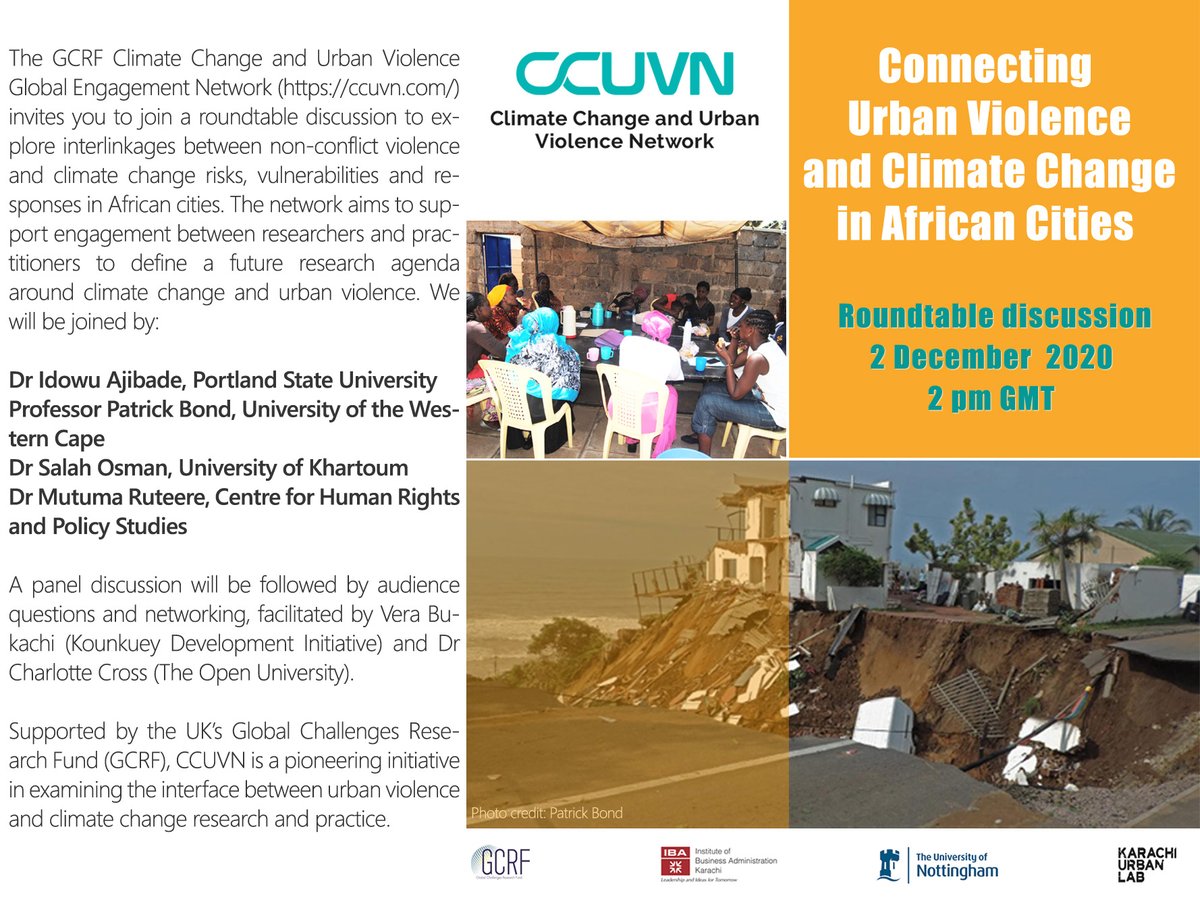 GCRF_CCUVN's tweet photo. Join us at #GCRFCCUVN for our second webinar!
This time, hosting a roundtable discussion on Connecting #UrbanViolence and #ClimateChange in African Cities.
@amiera_tales @nha3383 @DrGulnazAnjum @saj_ahmd @CrossCharlotte_ @Gahuya https://t.co/KXwTwXhbeJ
