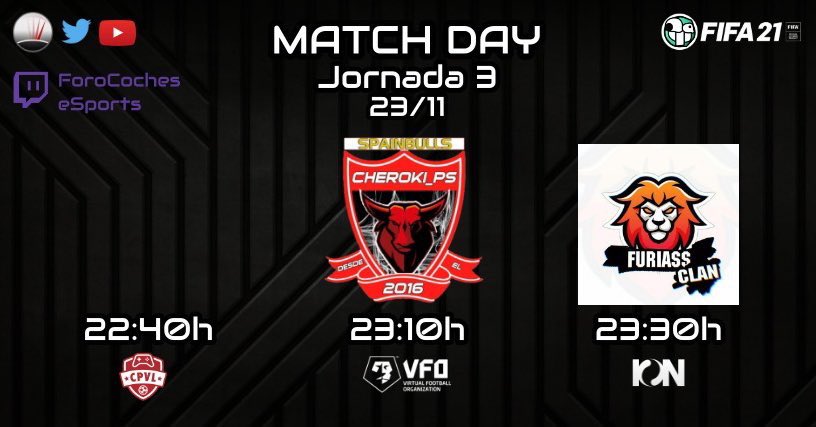 FCocheseSports's tweet photo. 🏆| @VFOspain

🔹| Jornada 4
🆚| @Cheroki_PS 
⏱| 23:10h

🏆| @IONesports 

🔹| Jornada 4
🆚| @FURIASSCLANN 
⏱| 23:30h

📺| Síguenos en directo desde Twitch https://t.co/cTroj7Z4LW

#MatchDayVFO #MatchDayION #eSports 
#GoForoCoches https://t.co/lbeC8RXL3u