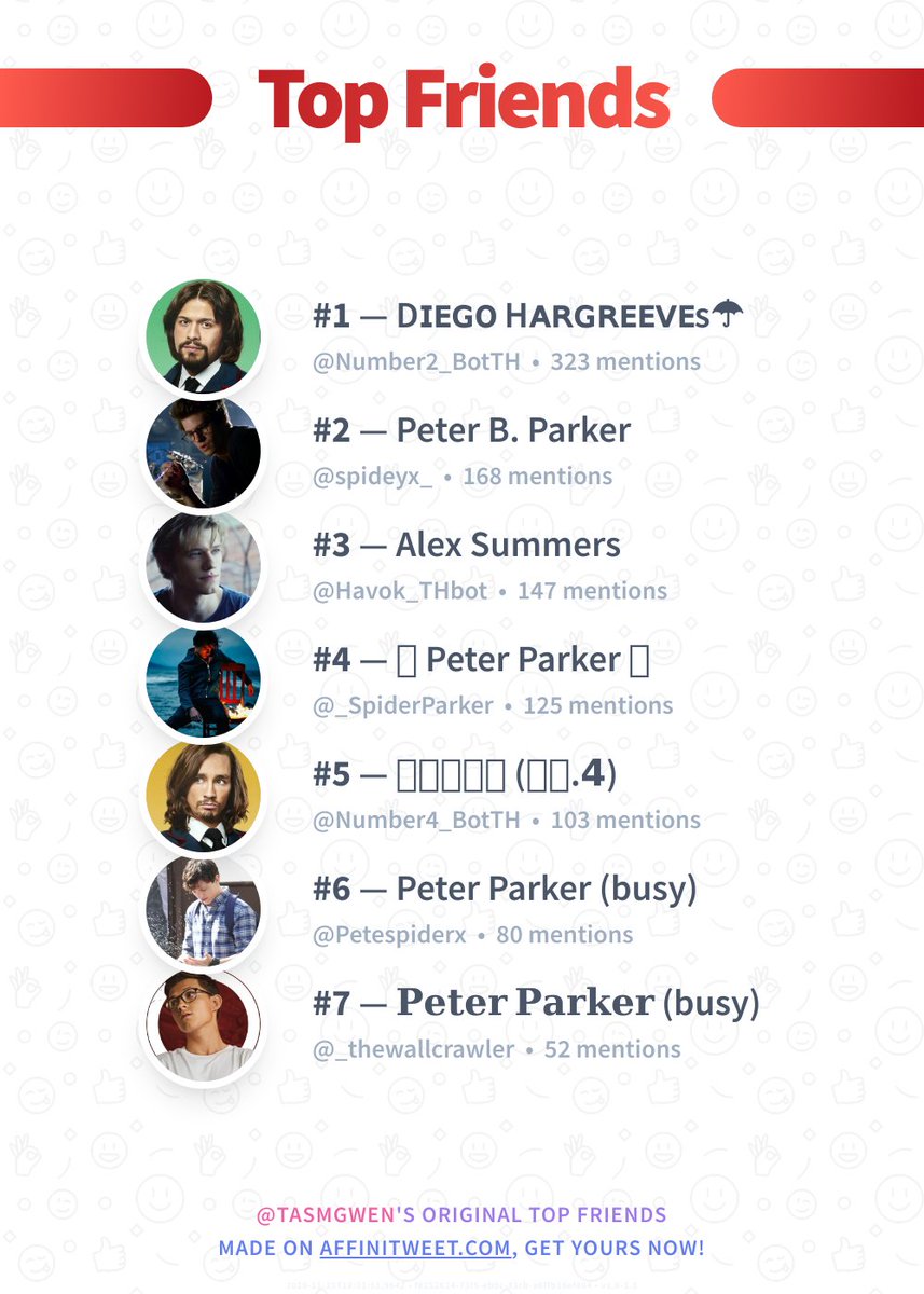 TASMGwen's tweet photo. ✨ Top Friends

🥇 @Number2_BotTH
🥈 @spideyx_
🥉 @Havok_THbot
🏅 @_SpiderParker
🏅 @Number4_BotTH
🏅 @Petespiderx
🏅 @_thewallcrawler

➡️ https://t.co/f1CST4sKhJ https://t.co/gAJNpv1KQq