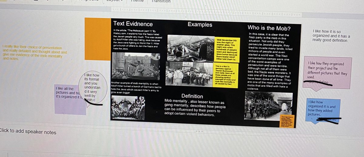 ruggreads's tweet photo. When you are virtual, try a virtual gallery walk. Love how our 7th grade Ss used text boxes to respond to projects completed by their peers. ⁦@RamapoRidgeMS⁩ #mahwahconnects #googleslides #virtualgallerywalk https://t.co/TJPV12QzoJ