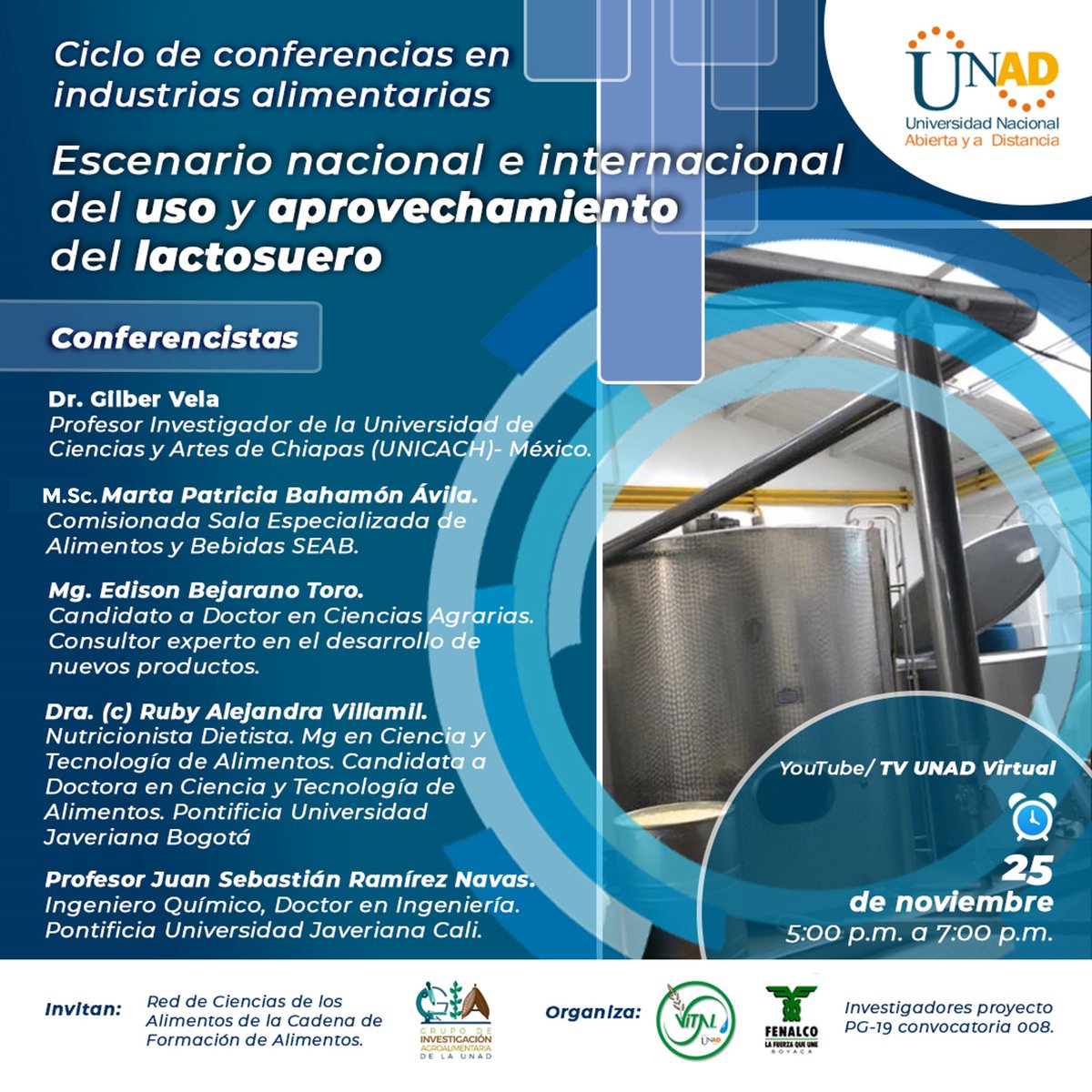 EstefanyCunad's tweet photo. Invitación a: Ciclo de conferencias en industrias alimentarias: Escenario nacional e internacional del uso y aprovechamiento del lactosuero.” Fecha: 25/11/2020- Hora. 5:00 a 7: 00 p.m - Conexión:  canal  Unad YouTube  en el siguiente link:
https://t.co/0VJ8voGyRN https://t.co/NmcgOqifyM