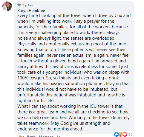 We asked health care providers to share what they experience while caring for COVID patients. Here are a few of the responses: These hard-working, compassionate people see this firsthand. They need our support. If you work with these patients, what are you seeing?   #MyCOVIDStory