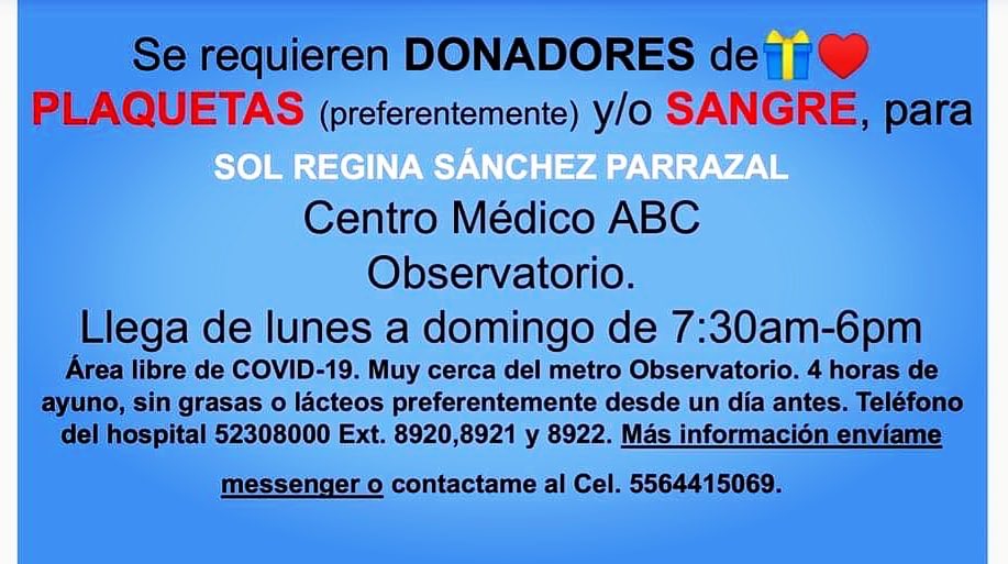 Andrezao182's tweet photo. La pequeña Sol Regina está luchando por su vida. Sus padres requieren de apoyo, necesitan donadores (sobre todo de plaquetas).  Puedes donar en el Hospital ABC de Observatorio. El banco de sangre abre a las 7:30 am.
Retweet por favor 🙏 https://t.co/Q7yErok11A