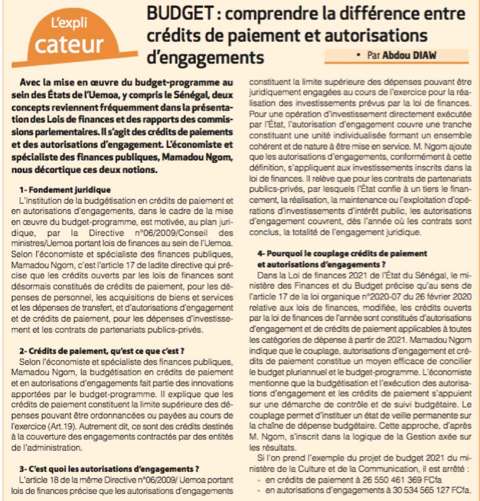 diaw_abdou's tweet photo. Au menu du 46è numéro de votre rubrique "Comprendre les termes de l'économie": la différence entre Crédits de paiement et autorisations d'engagements dans le Budget programme.
#budgetprogramme
#Loidefinances
#Economie https://t.co/mxnNLlUONg