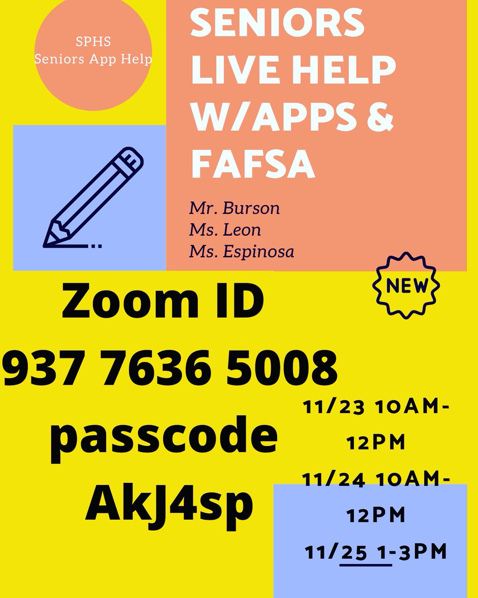 andria_e527's tweet photo. Hey @SanPasqualHS Seniors! @SP_ASB @MartinCasas_ @MRSBOGES @Eduranmath @SPHSLiaison need help finishing up your college apps &amp; FAFSA/Dream Act? Join us this week to get help &amp; answer questions 😀#MoreThanASchool #CARPE https://t.co/QbUFzFIS15