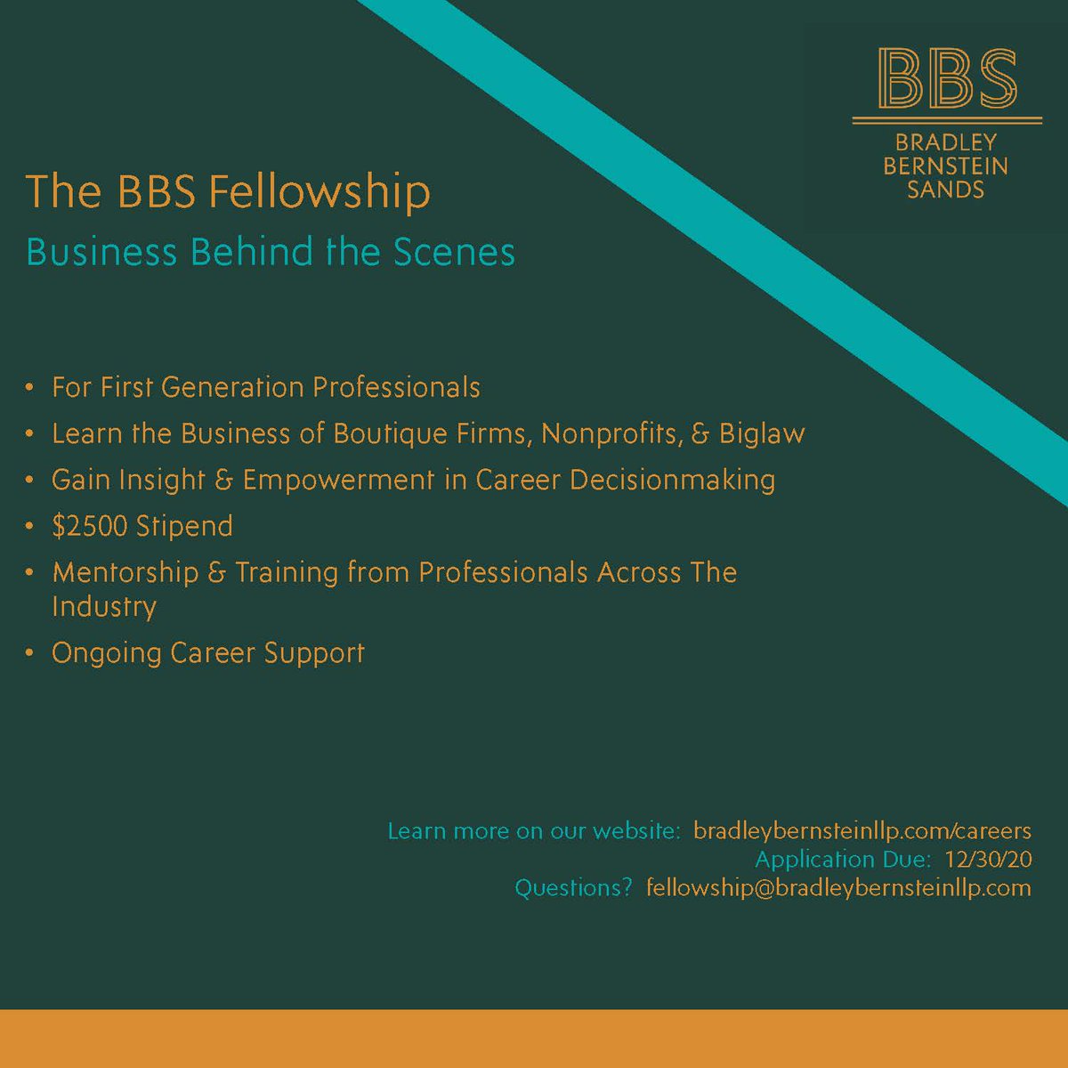 BBS_LLP's tweet photo. BBS is excited to announce the BBS Fellowship in the spring of 2020, a semester-long virtual fellowship designed for first-generation professionals currently attending law school.  

https://t.co/Gt9qhJ1tQ8 https://t.co/q4Qx31ZzfL