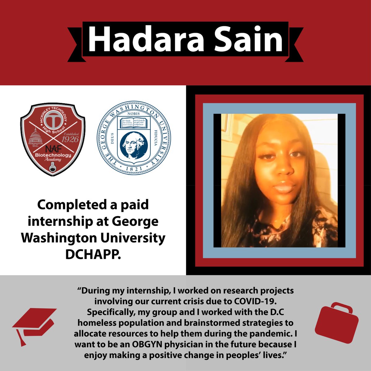 Congratulations to <a href="/MckinleyAOB/">McKinley AOB</a> scholar Hadara Sain for completing a paid internship with <a href="/gwuniversity/">Gorzów University</a> DCHAPP program! Our scholars are awesome! <a href="/NAFCareerAcads/">NAF</a> <a href="/dcpublicschools/">DC Public Schools</a> <a href="/MTHSTrainer/">McKinley Tech EC</a>