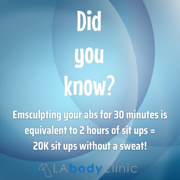 LA_Body_Clinic's tweet photo. Did you know? Emsculpting your abs for 30 minutes is equivalent to 2 hours of sit ups =
20K sit ups without a sweat!
Book a session with #LABodyClinic today!
#EmSculptingPro
#EMS #emstechnology #abs #situps #lean #tone #strong #buildmuscle #bodysculpting https://t.co/C5hkGTKs3A