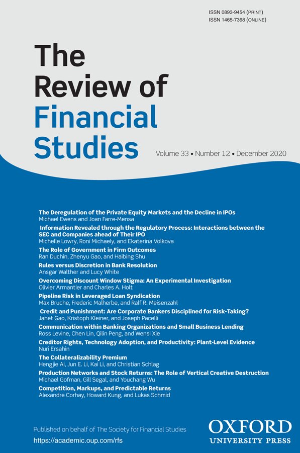 SFSjournals's tweet photo. Now available: RFS December issue 33(12), featuring an #editorschoice by Michael Ewens @startupecon @caltech and Joan Farre-Mensa @jfm82 @UICbusiness

https://t.co/16Tm1b1vYu https://t.co/0BZgKPJZPT