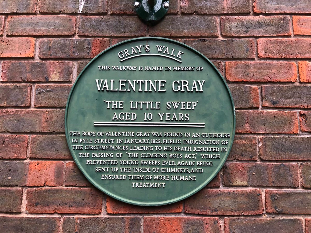 A step back in time!

A plaque in memory of Valentine Gray  'The Little Sweep' in Newport.

In 1822 just 9 yrs old, Valentine Gray was one of many chimney climbing boys, was found dead in a filthy outhouse where he was forced to sleep and badly ill-treated.

#isleofwighthistory