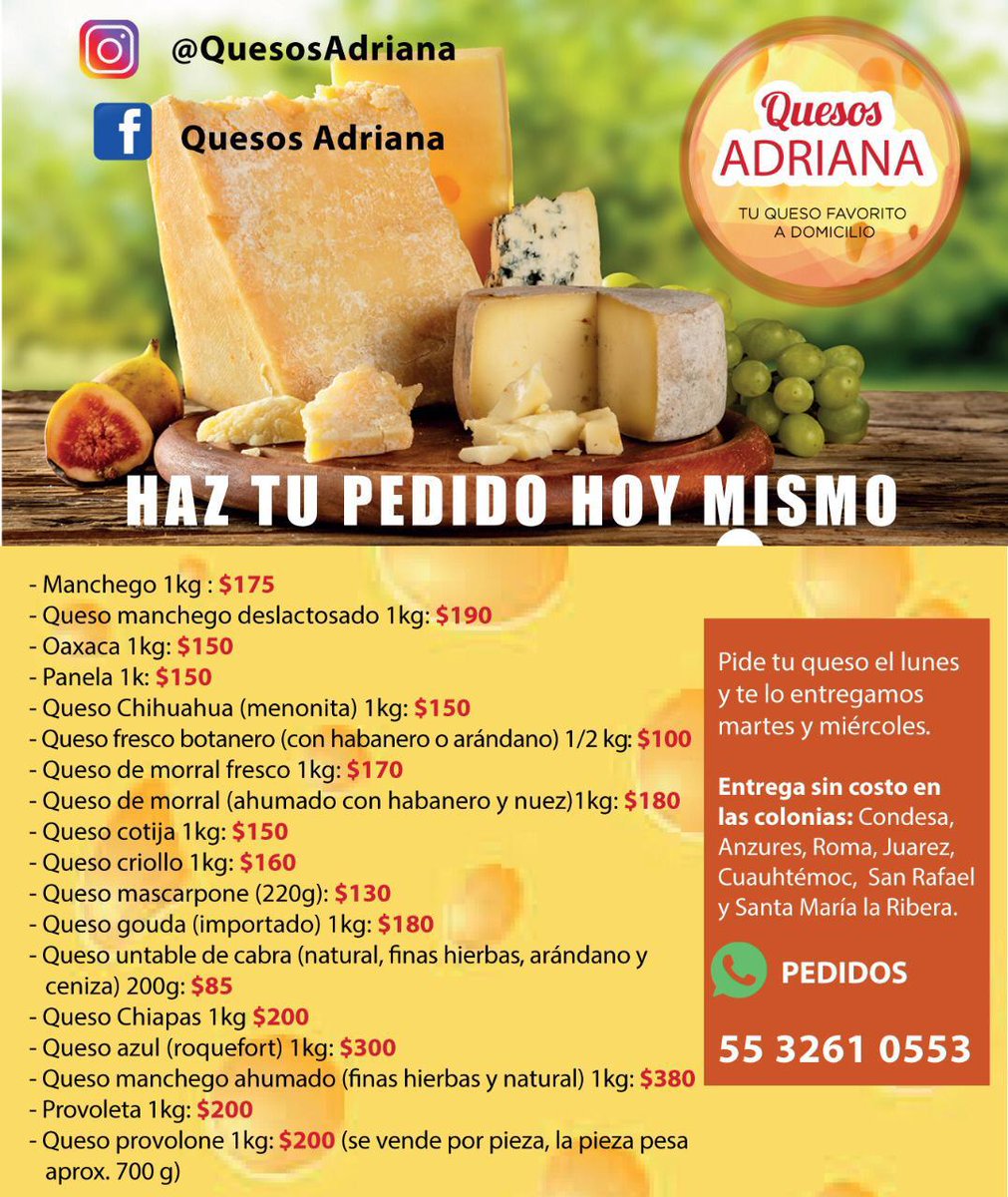 LGLN1985's tweet photo. Deliciosos quesos sobre pedido a domicilio en CDMX de excelente calidad y precio, no te quedes sin disfrutar la variedad de quesos que tenemos para ti. Hoy lunes haces tu pedido y tu eliges tu entrega los días martes, miércoles o jueves
Compra mínima de 1 kg. (puedes combinar) https://t.co/9UFobLkilk