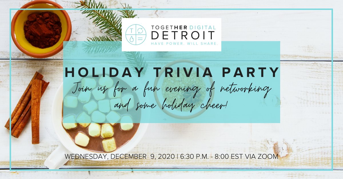 TogetherDetroit's tweet photo. We’re hosting a Holiday Trivia Night! Join us for a fun evening of networking and holiday cheer!

Grab a cozy drink or snack and get ready to play some holiday-themed trivia.

As always, Members, grab the promo code in #Detroit Slack or your email to waive the fee. https://t.co/sa3MVnYClb