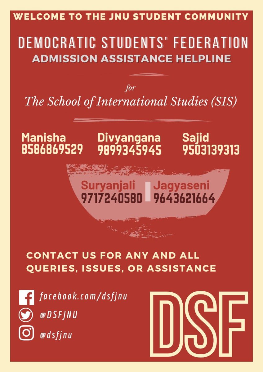 DSFJNU's tweet photo. Congratulations to all students who have got selected in JNUEE 2020. In case of any queries or issues regarding the admission process, students can get in touch with us.

#JNUEE #JNU https://t.co/WI6MeHnHnQ