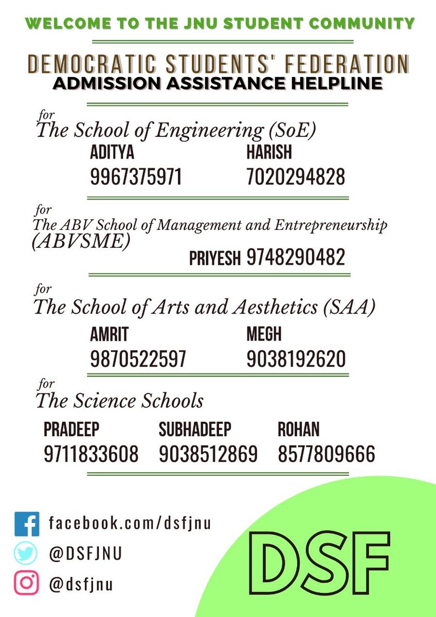 DSFJNU's tweet photo. Congratulations to all students who have got selected in JNUEE 2020. In case of any queries or issues regarding the admission process, students can get in touch with us.

#JNUEE #JNU https://t.co/WI6MeHnHnQ