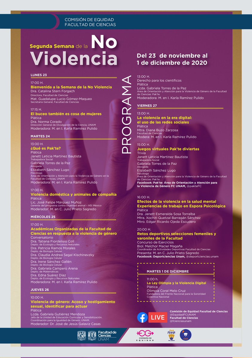 academicasFC's tweet photo. 📌El programa de la semana de la NO violencia en la @fciencias @UNAM_MX ♀️ https://t.co/yVDtrCMVmW