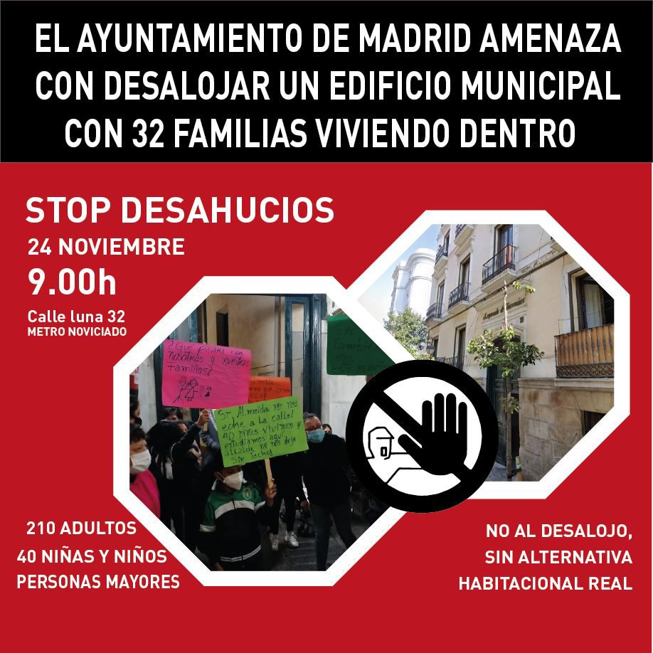 🚨 El Ayuntamiento de Madrid quiere desahuciar mañana a 32 familias 🚨

⚡ Vente mañana a impedirlo para que 250 personas no se queden en la calle ✊✊

🕘 09:00h

<M> Noviciado

#Luna32SeQueda