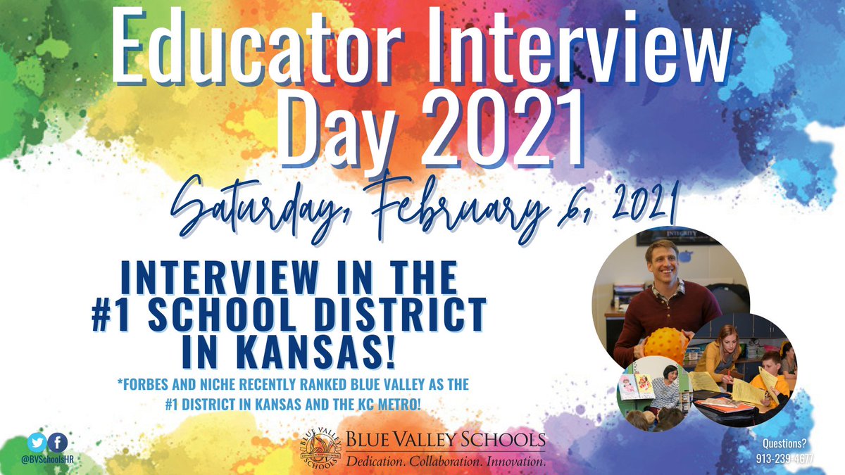 Registration is OPEN for Educator Interview Day '21!
Register in two easy steps!
1.) Apply to Job ID #8521 at: applitrack.com/bluevalleyk12/…
2.) Call 913-239-4677 to schedule your VIRUTAL interview time!