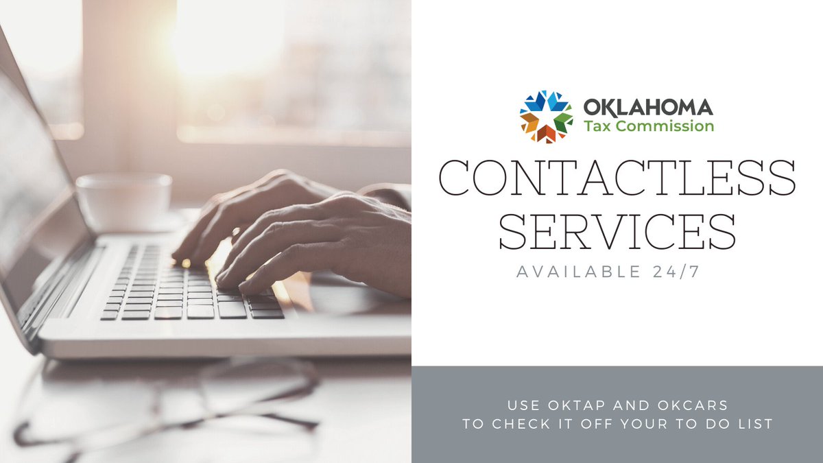 oktaxcommission's tweet photo. To help prevent the spread of #COVID19 and for the safety of both taxpayers and our staff, we encourage taxpayers to take advantage of our contactless services available 24/7 through OkCARS and OkTAP.

▪️#OkTAP➡️ https://t.co/05HY9suyEM

▪️#OkCARS ➡️ https://t.co/9MBWOMJQjk https://t.co/Gw3gQuGpqr