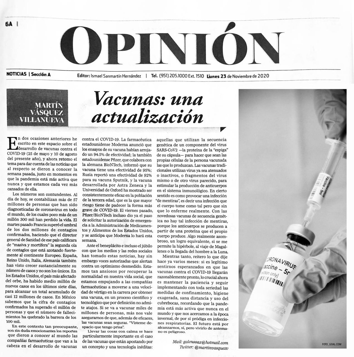 martinvasquezv's tweet photo. Reitero lo que dije hace meses: es legítimo sentirnos esperanzados de que las vacunas contra el COVID-19 llegarán razonablemente pronto, lo crucial es continuar con todas las medidas que ya conocemos. Te invito a leer más de este tema mundial en mi artículo de hoy. https://t.co/01FUoH0Psd