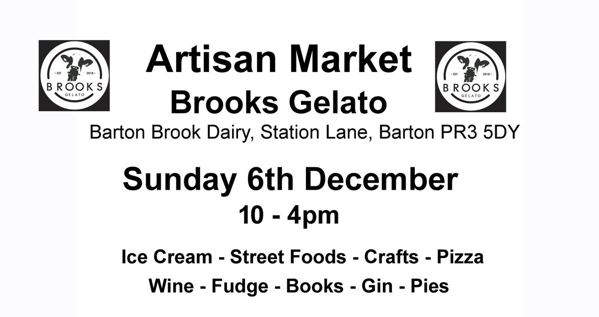 Artisan Market  Sunday 6th December <a href="/TheBartonBrook/">BartonBrookDairy</a> <a href="/PiggeryD/">PiggeryDesigns</a> <a href="/tpcompanycrust/">Travelling Pizza Co.</a> <a href="/TwistedWheelBC/">Twisted Wheel Brew Co.</a> 
<a href="/wildfoxdistill1/">wildfoxdistillery</a> <a href="/thelittlebakeco/">The Little Bake Company</a> <a href="/goosnarghgin/">goosnarghgin</a> <a href="/LancashireIn/">MadeInLancashire</a> <a href="/Lancslocal/">Lancs Local</a> <a href="/visitpreston/">Visit Preston</a> <a href="/blogpreston/">Blog Preston</a> <a href="/MarketingLancs/">Marketing Lancashire</a> <a href="/lancstelegraph/">Lancashire Telegraph</a> <a href="/LancashireVisit/">Visit Lancashire</a> <a href="/VisitLancashire/">visitLancashire.com</a> #artisanmarket