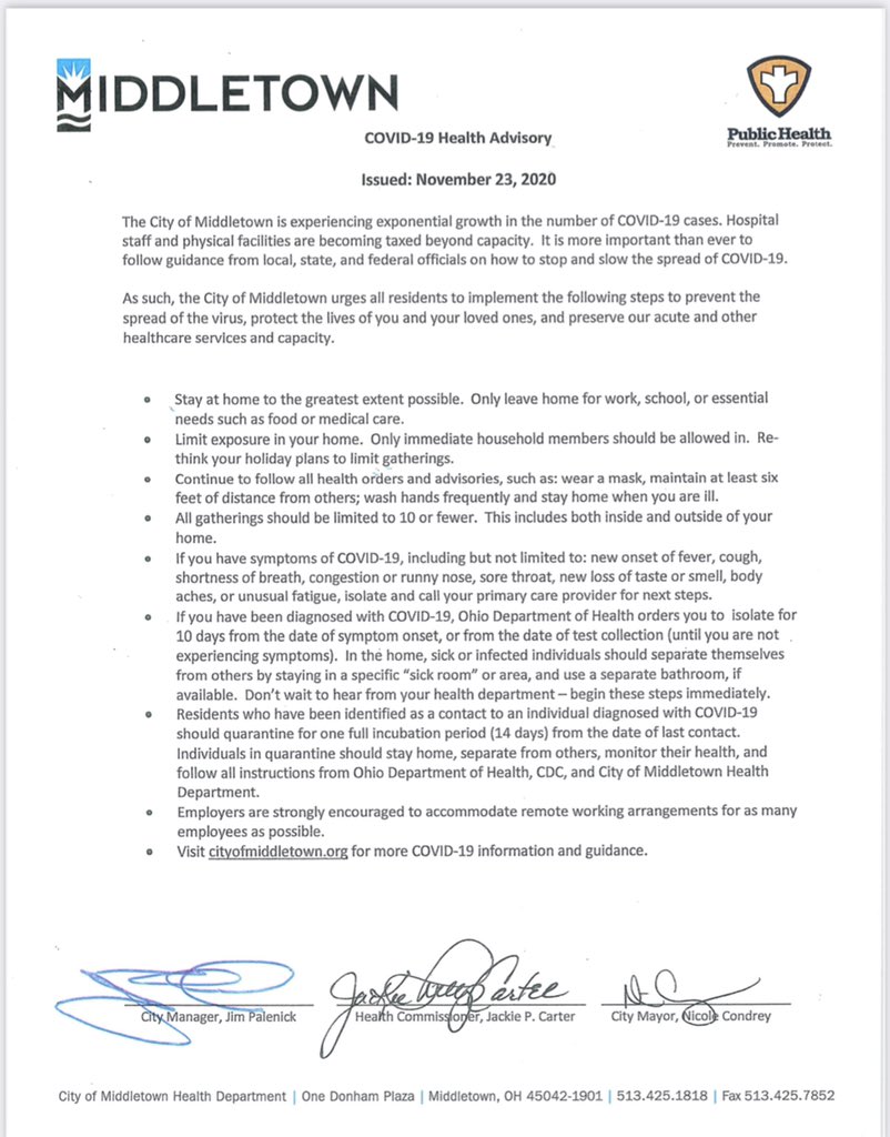 CityMiddletown's tweet photo. A stay at home advisory has been issued for the City of Middletown. #InThisTogetherOhio #stayathome #COVID19 https://t.co/UQABmH7GCl