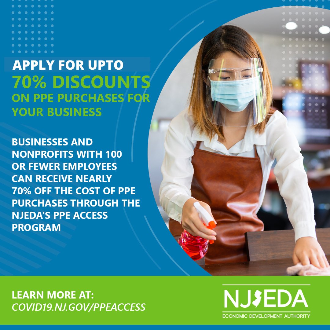 NEW: NJEDA Expands PPE Access Program 
Starting tomorrow, we:
📈Increase discounts on PPE to up to 70% for small biz &amp; orgs w/ 100 or fewer employees
💰 Double cap on discounts a small biz or org can receive
🗓️ Extend app deadline to 12/10
covid19.nj.gov/ppeaccess #NJOperateSafely