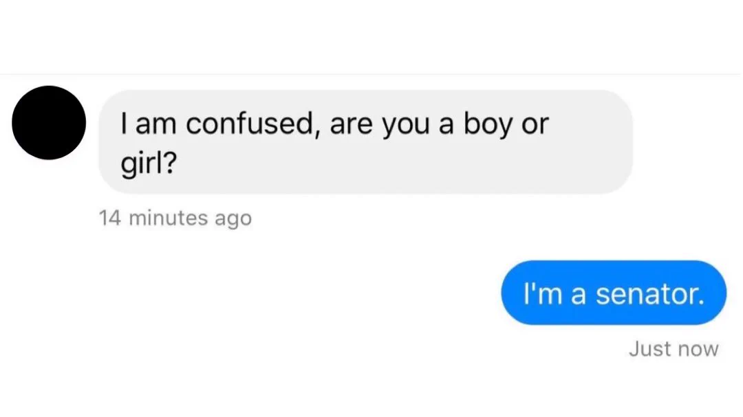 A Facebook message exchange where a user says “I am confused, are you a boy or a girl?” Sarah replied to the message, “I’m a senator.”