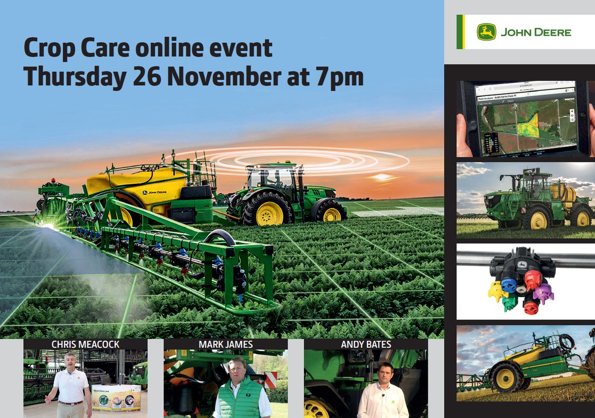 **Crop Care Virtual Event Thursday 26th November** Join John Deere to learn all about their latest crop care innovation's, product updates and how the technology can improve your application &amp; reduce costs. To register for this free session follow the link bit.ly/3lSPE3L