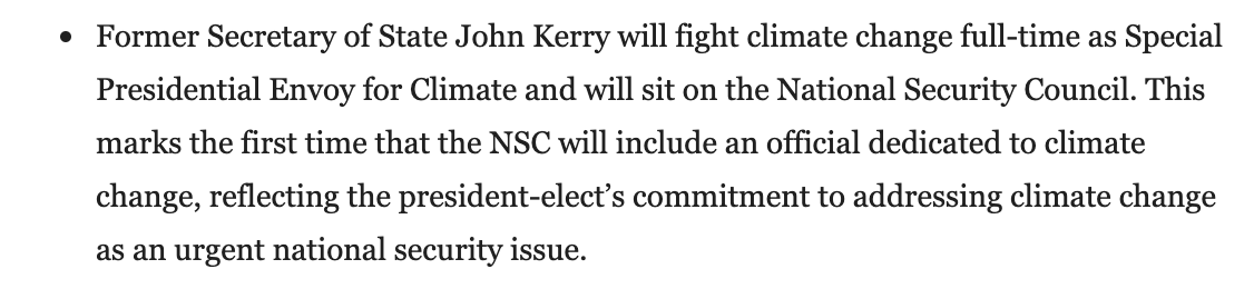 Former US Secretary of State John Kerry has been appointed to a role as the President’s Climate Envoy, and he will sit on the National Security Council. He will likely press other states for renewed global ambition under the Paris Agreement.