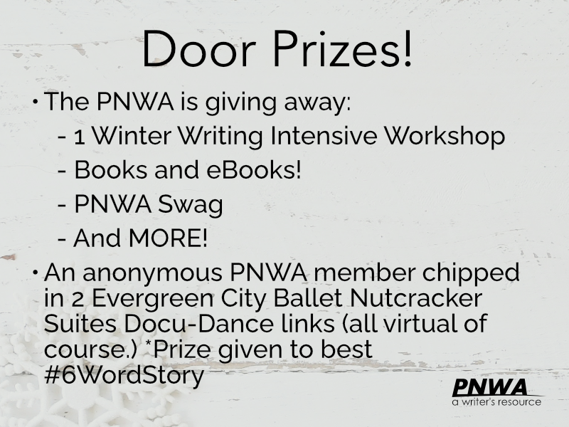 PNWA's tweet photo. Save the date: PNWA Holiday Party Dec 4 @7 pm PST! Games #6WordStory Contest &amp; door prizes! Door prizes: PNWA offering 1 Winter Writing Intensive &amp; MORE + an anonymous PNWA member donated 2 @ecballet Nutcracker Suites Docu-Dance links. See pics for details. https://t.co/0avrV1oPkQ