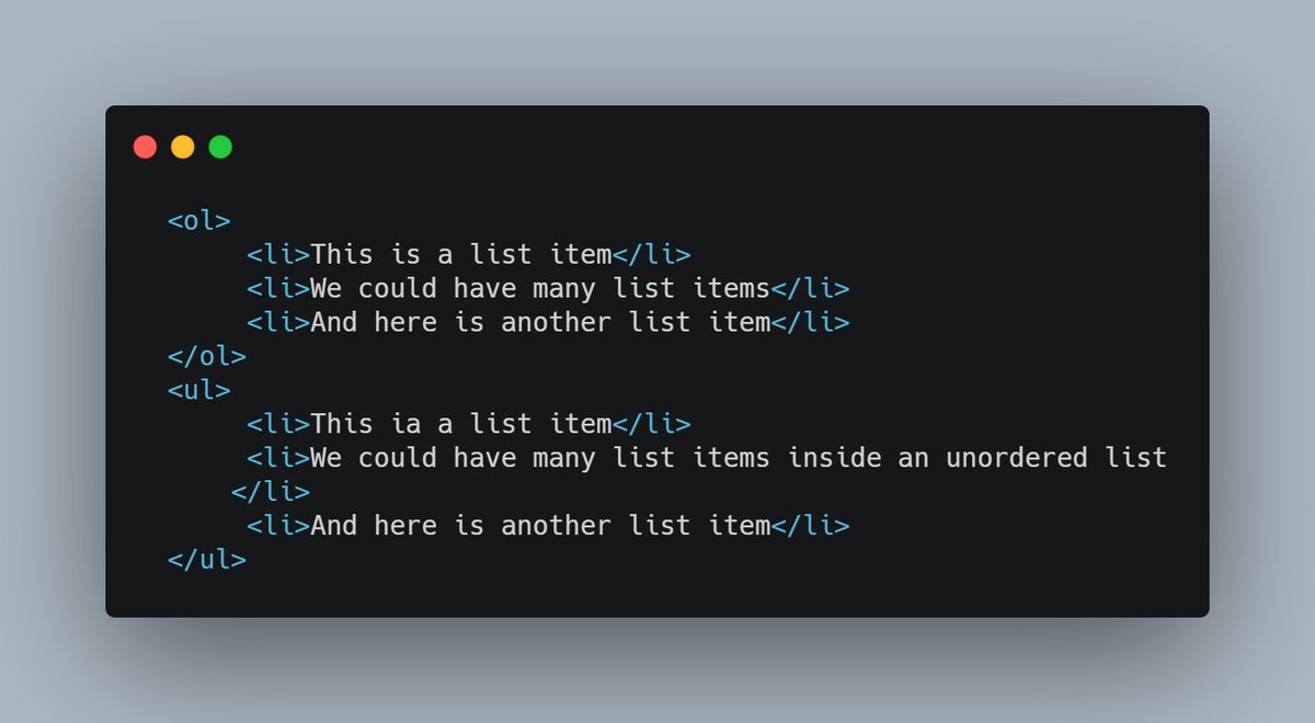 So I reached <ol> and <ul> tags... ordered and unordered list. well its simply just to create what you generally know as bullets.. ol gives you bullets with like 1. , 2. , 3. while ul gives you bullets with dots(.) or dashes(-).. here's a snippet.. #CodeNewbie 
#html 
retweet tnx
