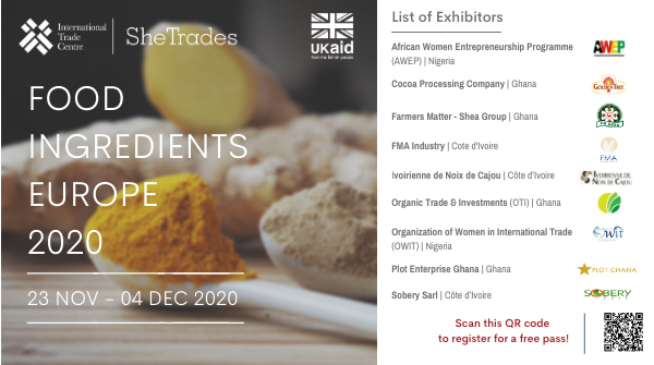 ITCnews's tweet photo. 🗓️From 23 Nov – 04 Dec

ITC #SheTrades and ITC UK Trade Partnerships Programme #UKTP are supporting 9 women-led organizations &amp; companies from Ghana, Nigeria and Cote d’Ivoire to participate in the virtual food and beverage trade fair #FiECONNECT

Visit➡️ https://t.co/Q17QxnmE7v https://t.co/8aeMOcZwnZ