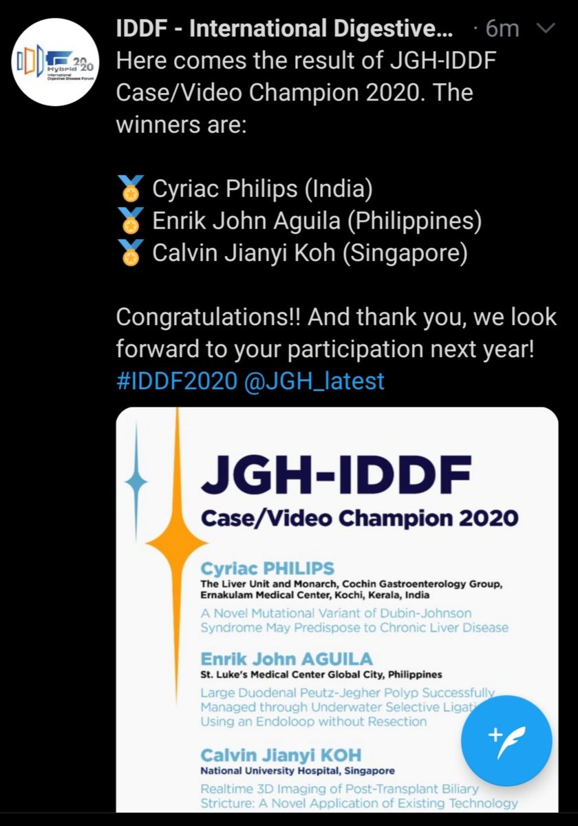 theliverdoc's tweet photo. Thank you @IDDF_CUHK and @JGH_latest for this honor. It was my first time at #IDDF2020 and it was a whirlwind of academic content on focused issues in Gastroenterology and Hepatology. Will bookmark the event for every year!
#livertwitter #MedTwitter https://t.co/DrjWQ7XvXm