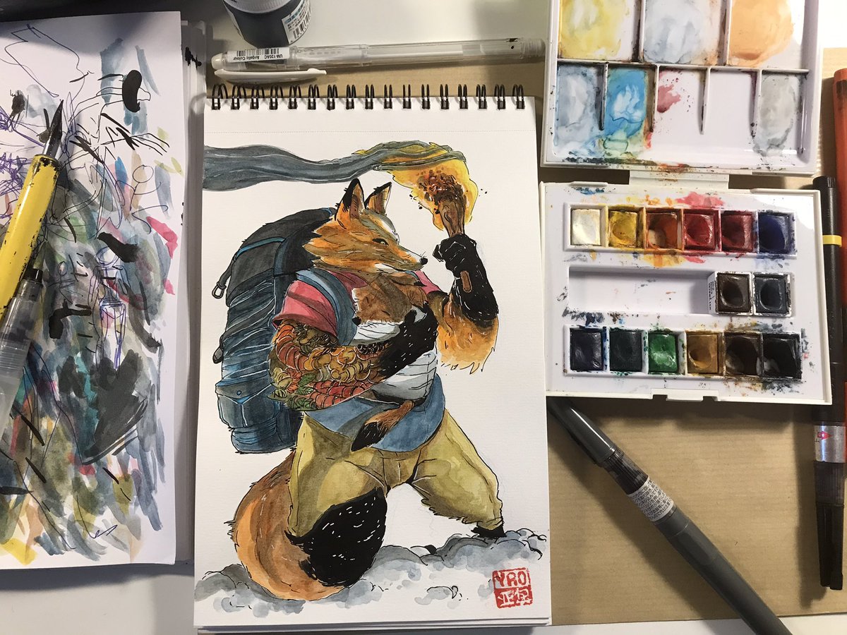 ShinobiYao's tweet photo. Illustration finie pour #characterdesignchallenge #fox #watercolor #drawing #adventure 🦊 https://t.co/18K2QSS6oe